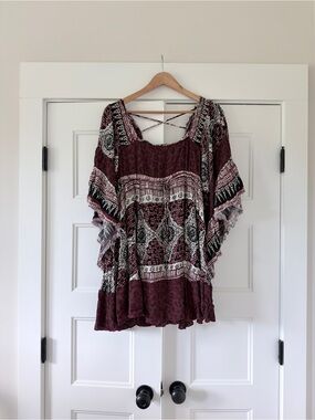 Free People Bohemian Crisscross Back Women’s Short Dress Tunic Leopard Mix XS